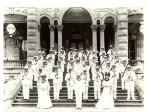 A photo of the professional marching band the Royal Hawaiian Band from the State archives.