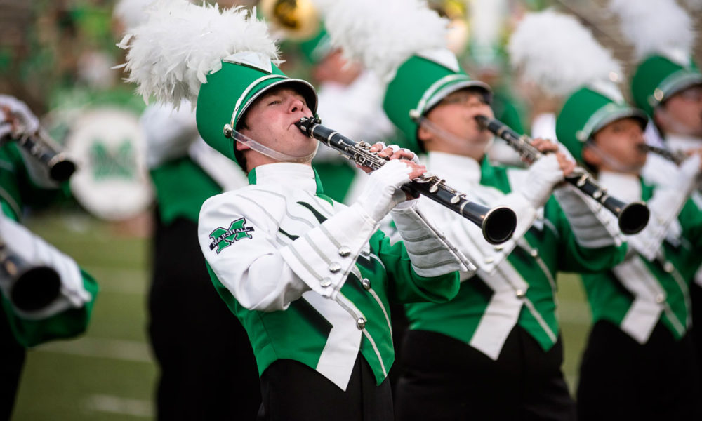 A photo of the Marshall University Marching Band.
